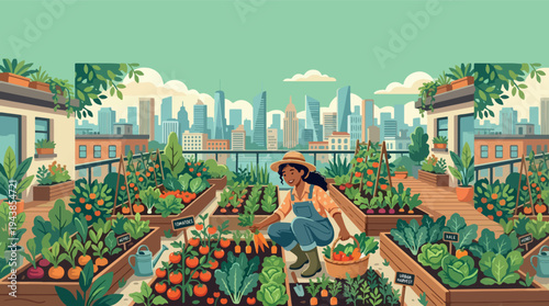Vertical Illustration of an Urban Balcony Garden with Fresh Vegetables and Potted Plants