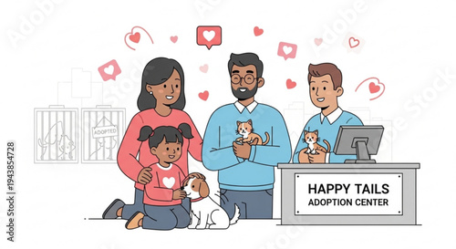 Family adopting cute dogs at happy tails adoption center with heart symbols