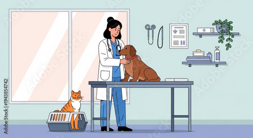 Veterinarian examining brown dog on table with cat in carrier nearby in clinic
