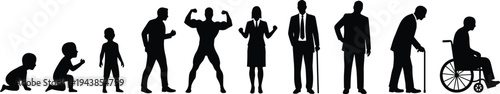 Human life stages from crawling baby to elderly wheelchair-bound individual, representing the complete human development process, growth, aging, and physical change in silhouette illustrations