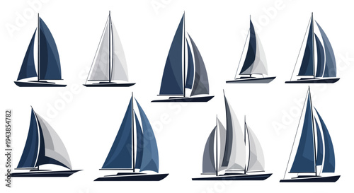 Collection of various sailboat designs, showcasing diverse sail configurations and boat shapes for nautical and water sport themes
