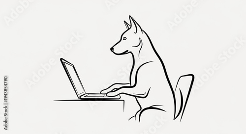 Dog sitting at desk working on laptop computer in office setting with chair