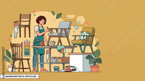 Vintage Handcrafted Wooden Chair and Potted Houseplant Illustration