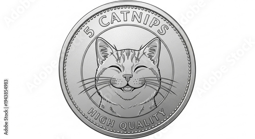 Smiling cat face on silver coin with catnips text
