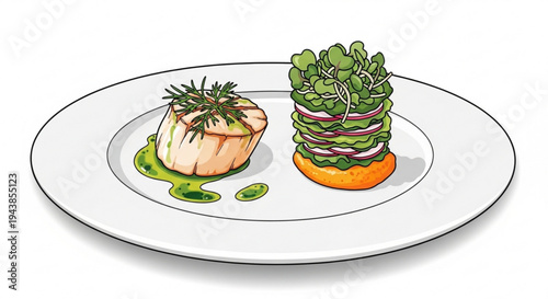 Delicious gourmet dish with salmon fillet and vegetable stack on white plate