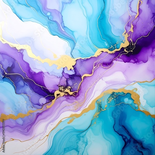 A vibrant abstract art piece with swirling purple, blue, and gold hues