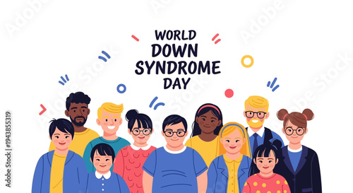Illustration of diverse people supporting World Down Syndrome Day with colorful design elements and inclusive theme.