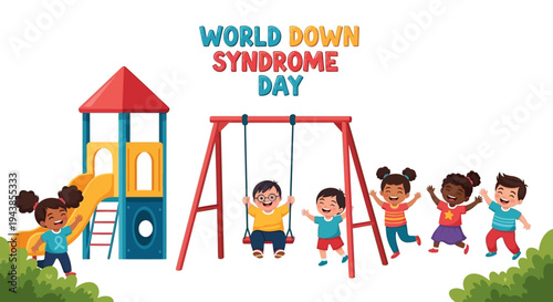 Children of diverse backgrounds playing on swings and climbing structure on World Down Syndrome Day with colorful illustration style and supportive community mood on a clean white