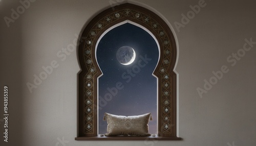  Arabic arch window frame with outside crescent moon view, soft shadows inside, symmetrical composition, elegant Islamic style, 4k 