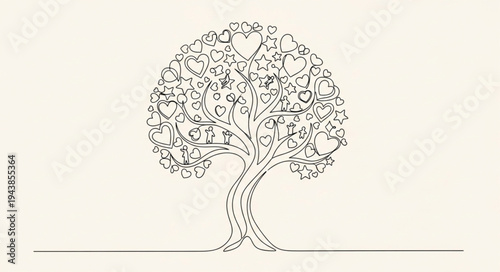Stylized Tree Illustration with Intricate Branches and Leaves.