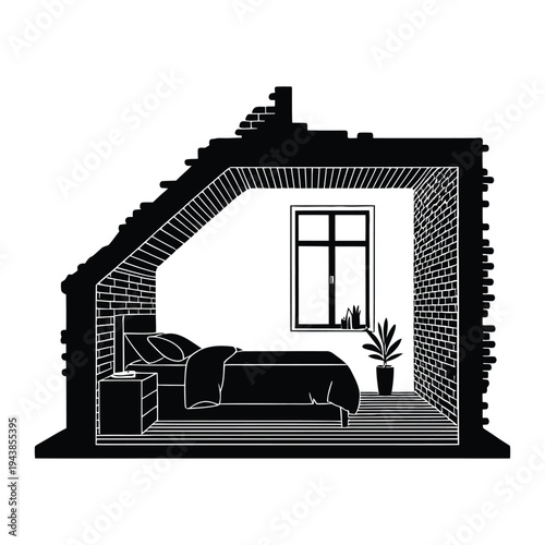 Exposed brick loft bedroom Vector, Silhouette, Illustration