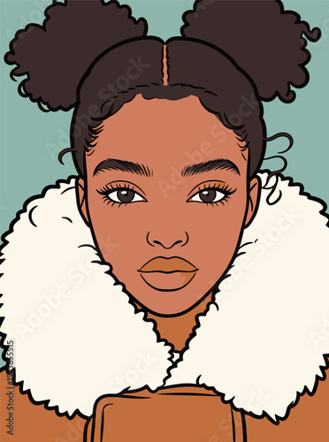 A young woman is looking at the viewer while wearing a brown coat with a white fur collar. Her hair is styled in two buns.