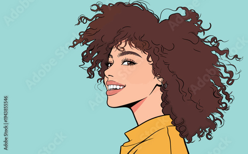 A woman with curly hair smiles happily while standing against a blue background. She wears a yellow shirt and has an engaging expression.
