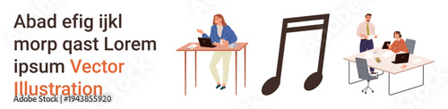 Workplace creativity, teamwork, collaboration, music inspiration, office workflow, graphic design. Employees working at desks, large musical note feature. Workplace creativity and teamwork concept