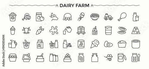 Dairy Farm icon set. Featuring dairy, beverage, dairy foods, milk products, drink and more. Dairy Products line icon set. Thin UI icons. Vector artwork and illustration.