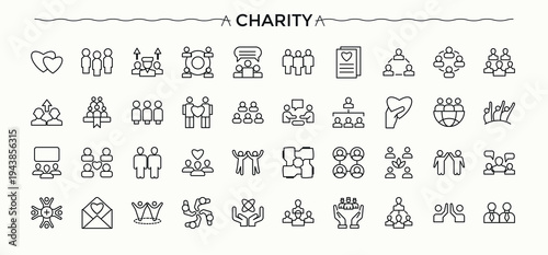 Charity icon set. Pictograms of volunteer, foundation, donation, unity, help, humanitarian, linearity and more. Thin linear style icons. Pixel perfect. Editable vector. Charity modern icon set.