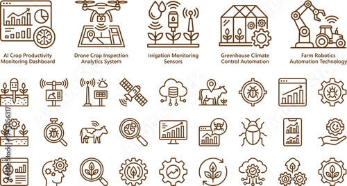 Precision agriculture technology line icon set with AI crop monitoring drones irrigation sensors greenhouse automation and farm robotics
