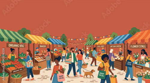 Woman Buying Fresh Organic Vegetables from Vendor at Local Market Stall Illustration