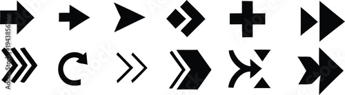 A collection of various black arrow and symbol silhouettes on a white background silhouette