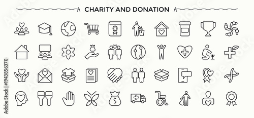 Charity And Donation linear icon collection. Pictograms of volunteer, community, unity, donation and more. Unity icon set. Outline icons pack. Editable stroke. Vector collection.