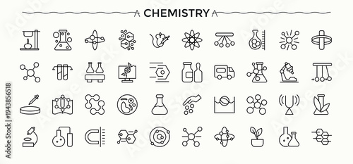 Chemistry icon set. Biotechnology icon set. Outline icons pack. Included genetic, technology, research, laboratory and more. Vector collections.