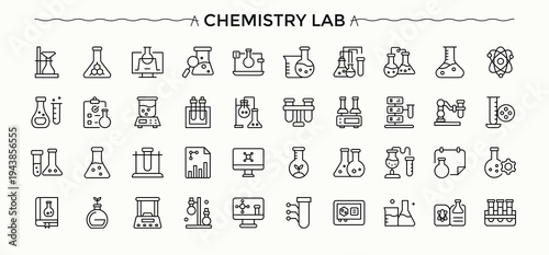 Chemistry Lab icon set. Outline icons collection. Pixel perfect. Editable stroke. Science icon set. Contain linear symbols science, analysis, biology, chemical, experiment, lab and more.