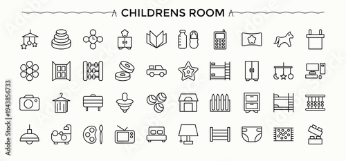 Child Room line icon set. Outline symbol collection. Editable stroke. Pixel Perfect. Toys modern icon set. Contains such icons as toys, bed, decor, children, room and more.