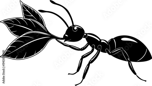 A black ant vector illustration of a small worker insect isolated on white background featuring detailed macro features like legs and antennae