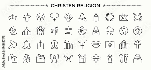 Christian Religion icon set. Minimal icons pack. Catholic icon set. Contain linear symbols spirit, easter, ritual, religion, bible and more.