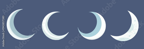 vector illustration of set a stylized crescent moon in a flat design style, featuring bold lines and minimalistic details, set against a plain background