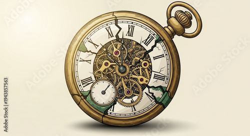 Vintage gold pocket watch with exposed mechanical gears on cream background