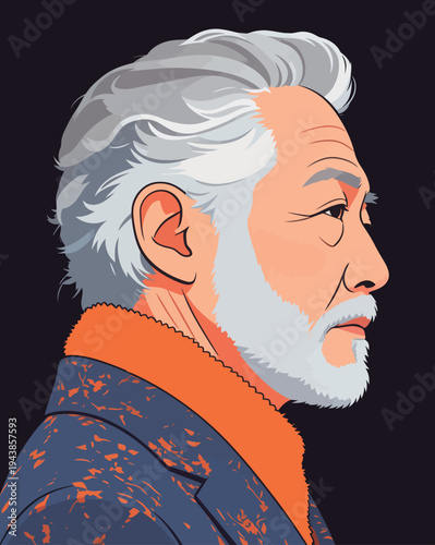 An older man stands sideways with white hair and beard. He wears an orange sweater and has a serious expression in a dark area.
