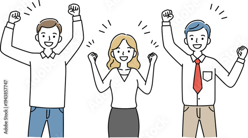 Happy successful team celebrating achievement together, cheerful business people raising fists in joy, teamwork, motivation, collaboration, and office victory concept isolated on white background