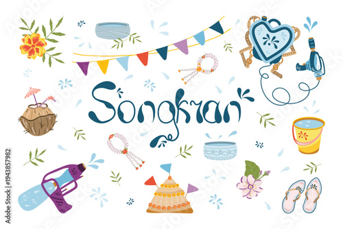 Festive Songkran doodle clipart Set. Naive hand drawn Thai New Year symbols: water guns, tank backpack, sand pagoda, coconut, flower garland Phuang Malai. Imperfect wobbly shapes