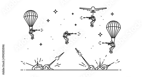 Military Paratroopers Descend Amidst Explosions and Aerial Combat