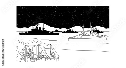 Military ships at sea, tent with people, night sky, wartime scene