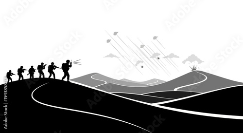 Military soldiers advancing on a road with aerial bombardment in the background