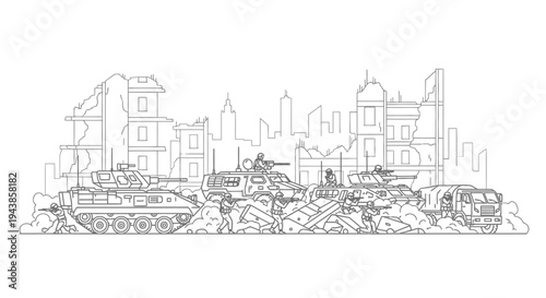 Military vehicles and soldiers in destroyed city ruins, war zone illustration