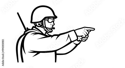 Military Soldier Directing Traffic with Hand Signal, Wearing Helmet and Goggles