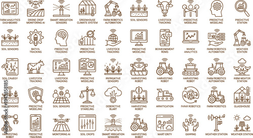 Precision agriculture technology line icon set with drones irrigation sensors farm robotics livestock tracking and predictive analytics