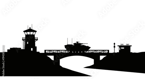 Military Tank Crossing Bridge with Guard Tower Silhouette