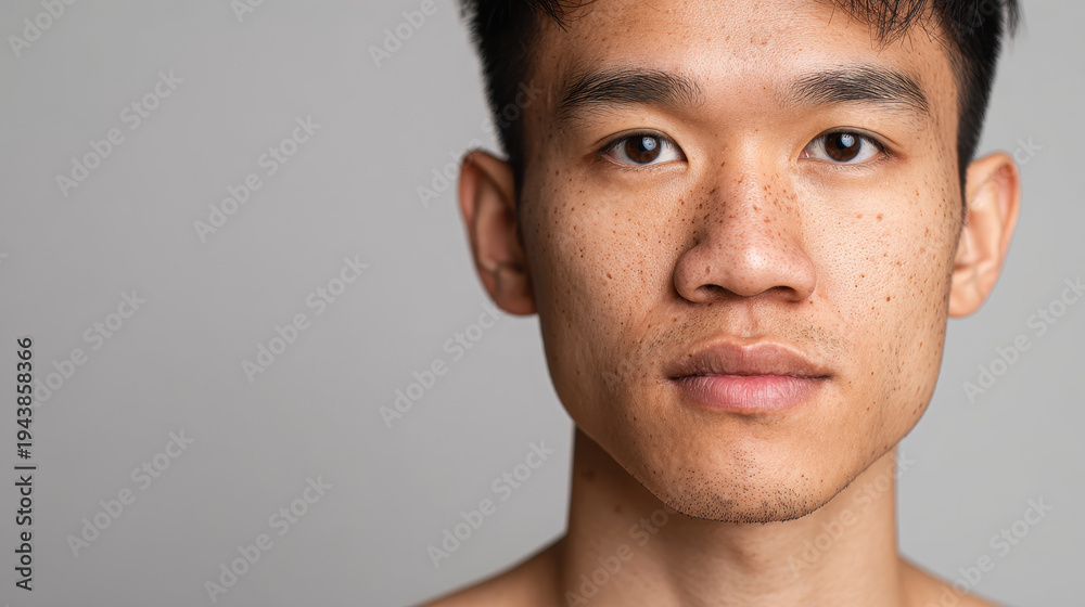 Fototapeta premium Young man face close up with natural skin texture and freckles, calm expression and neutral background