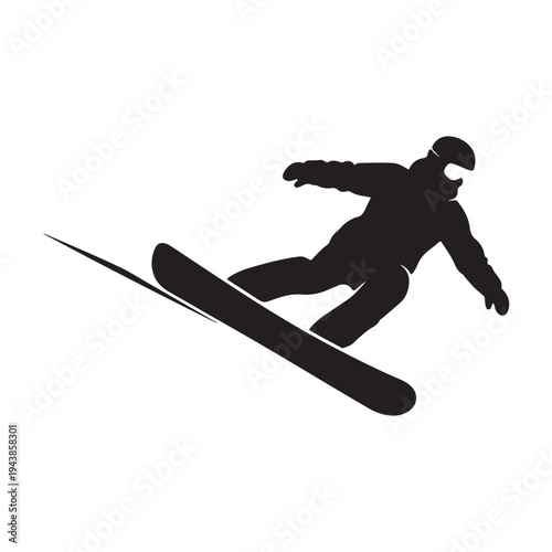 Silhouette of a snowboarder in motion, captured against a white background, highlighting the dynamic nature of the sport and the rider's skill