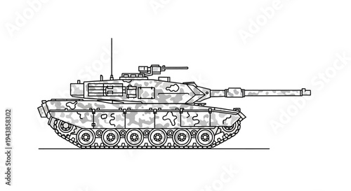 Modern Main Battle Tank Military Vehicle Line Art Camouflage Digital Illustration