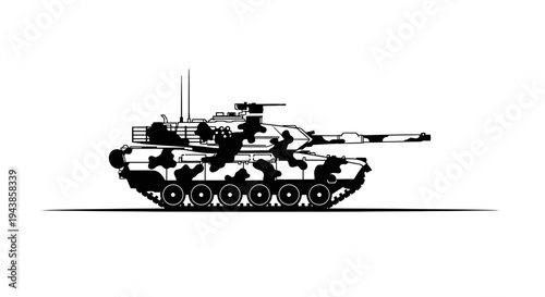 Modern Military Tank Silhouette with Camouflage Pattern on White Background