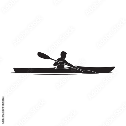 Silhouette of a person kayaking in a kayak, side view illustration, white background
