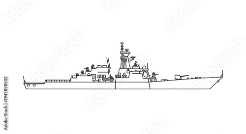 Naval Warship Blueprint Silhouette: Modern Destroyer or Frigate Outline
