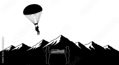 Parachutist Descends Towards Mountain Peaks and Two People Holding a Large Object