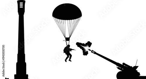 Paratrooper Jumps from Sky with Artillery Gun Firing in Silhouette