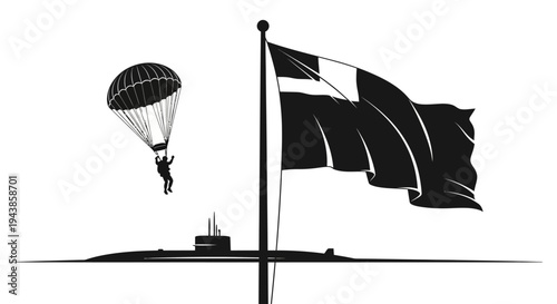 Paratrooper Jumps Near Submarine and Flag, Military Operation Concept